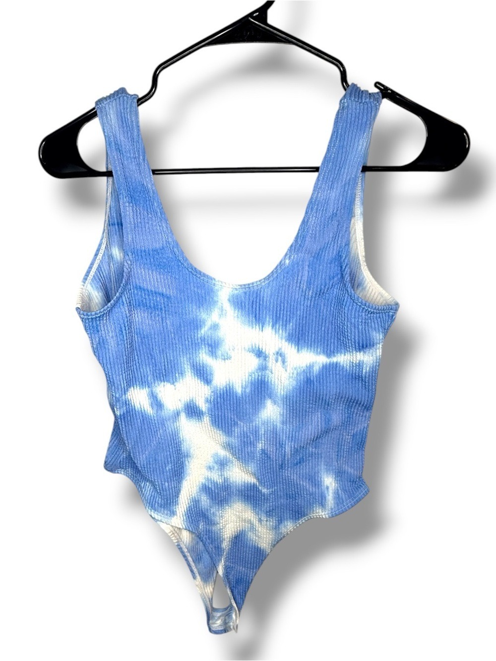 Noisy May Selma Blue Tie Dye Ribbed Deep Back Bodysuit Size M
